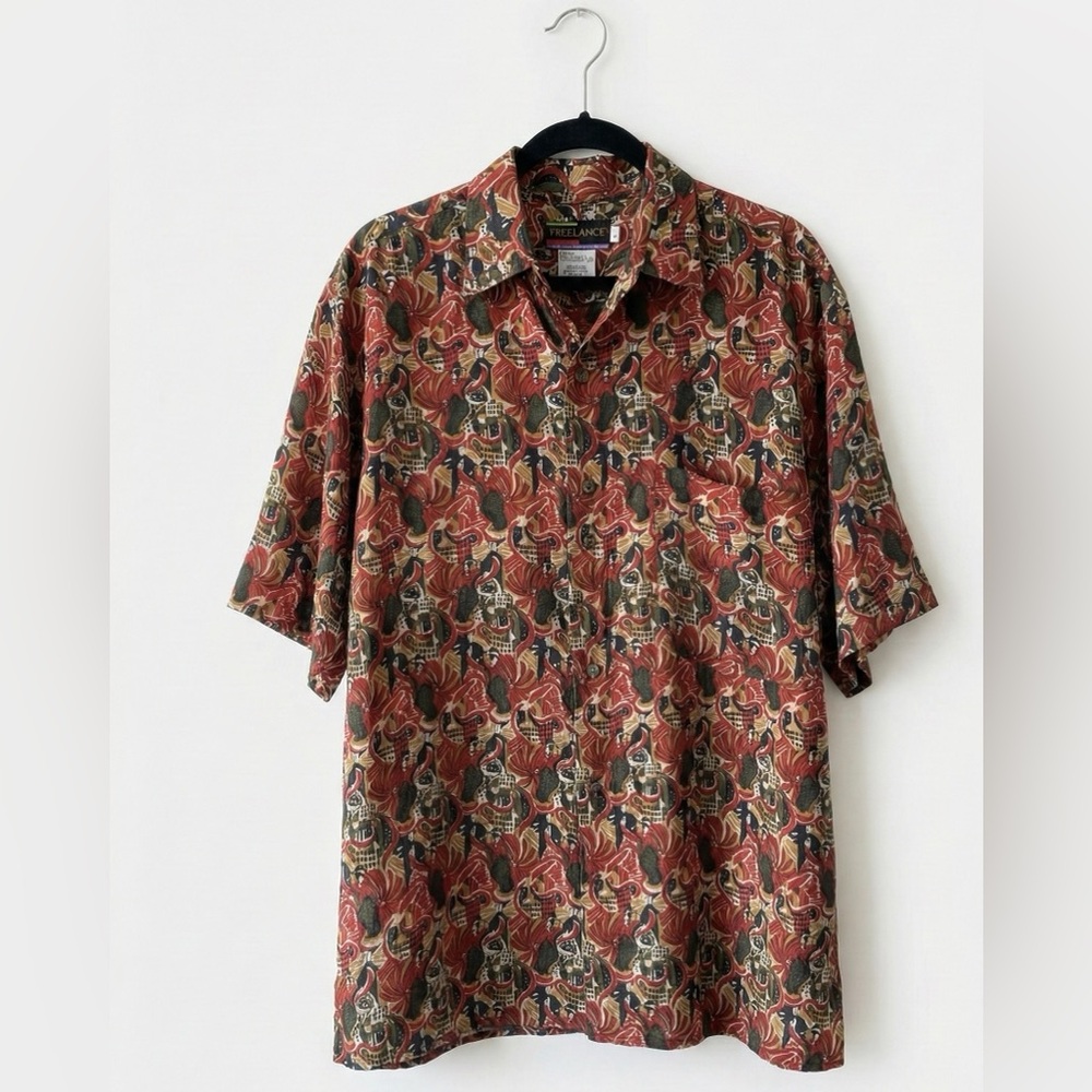 VINTAGE 90s FREELANCE 100% SILK SHIRT - Parisian Art Deco Figure Print